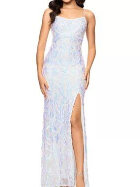 Betsy & Adam White Evening Gown with Iridescent Sequin Embroidery